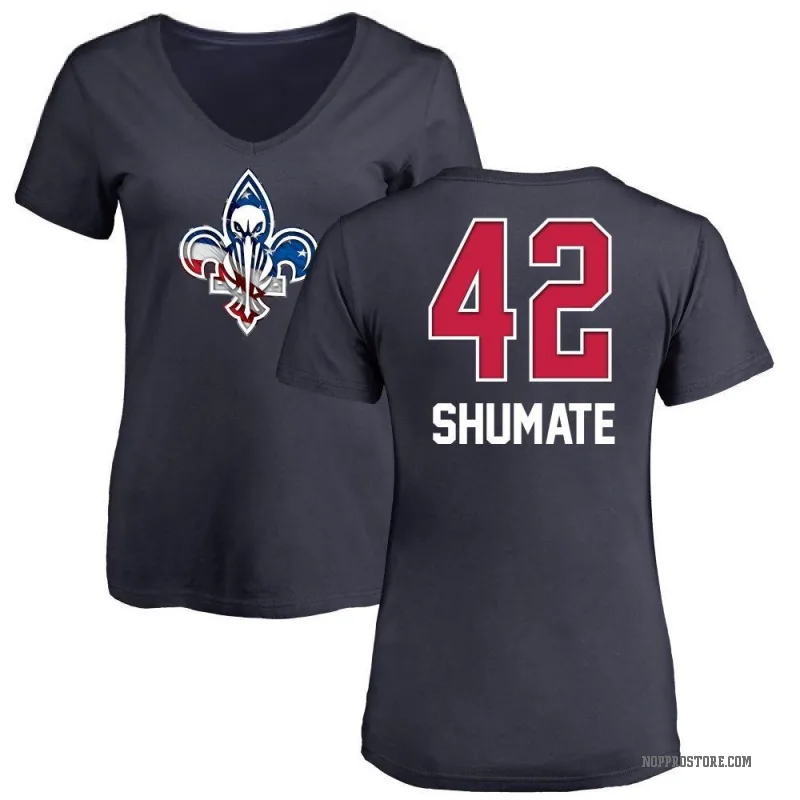 Christian Shumate Women's Navy New Orleans Pelicans Name and Number Banner Wave V-Neck T-Shirt